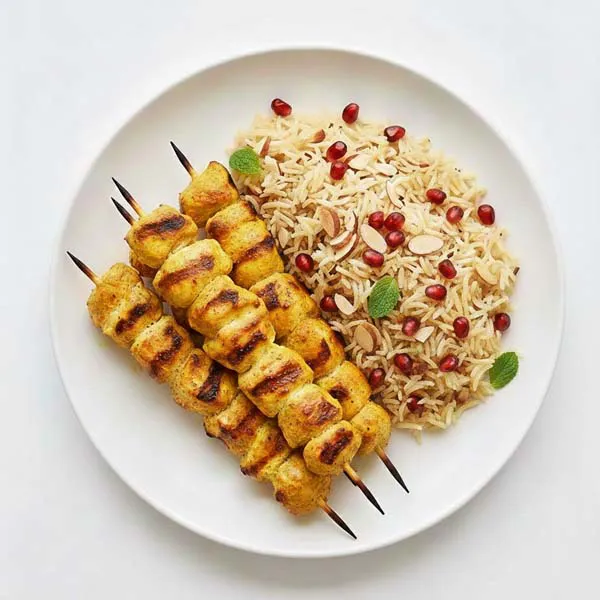 Ginger And Turmeric Chicken Kabob With Pomegranate And Mint Jewelled Rice